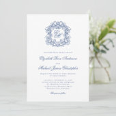 Elegant French Blue Monogram Crest Wedding Einladung (Stehend Vorderseite)