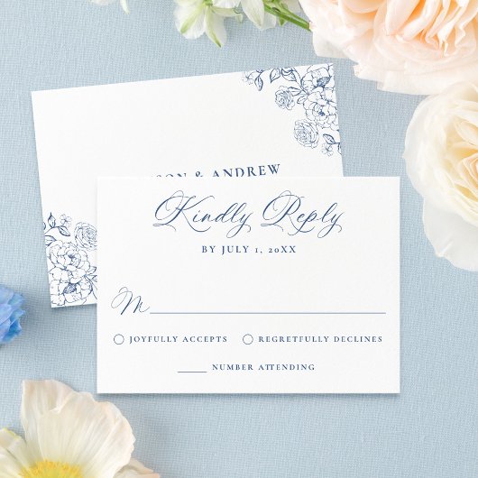 Elegant French Blue Victorian Floral Wedding RSVP Karte
