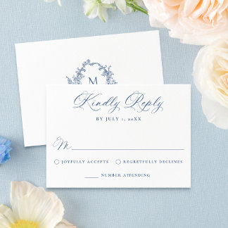Elegant French Blue Victorian Floral Wedding RSVP Karte