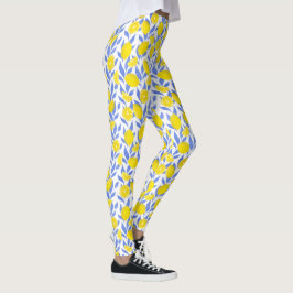 Elegant French Country Lemon Blue Botanical Leggings