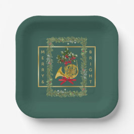 Elegant French Horn Christmas Dark Green Pappteller