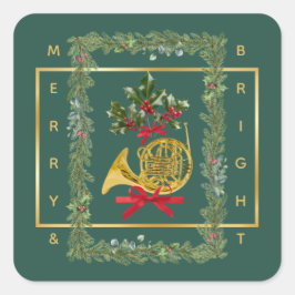 Elegant French Horn Christmas Dark Green Quadratischer Aufkleber