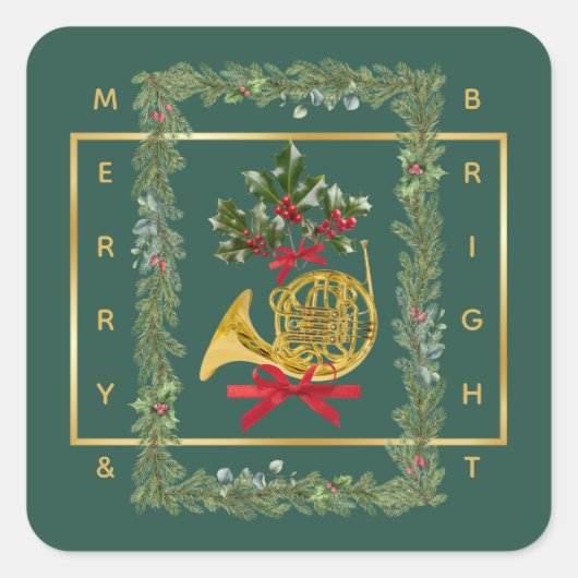Elegant French Horn Christmas Dark Green Quadratischer Aufkleber (Vorderseite)