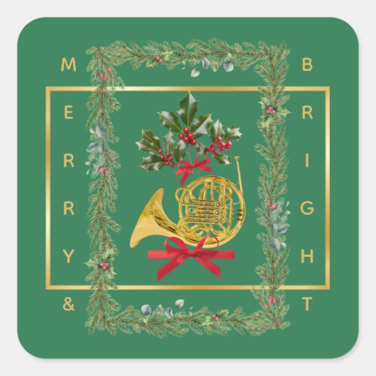 Elegant French Horn Christmas Green Quadratischer Aufkleber (Vorderseite)