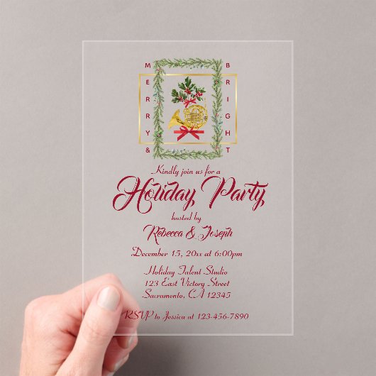 Elegant French Horn Christmas Maroon Acryleinladungen (Insitu (Handheld))