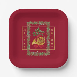 Elegant French Horn Christmas Maroon Pappteller