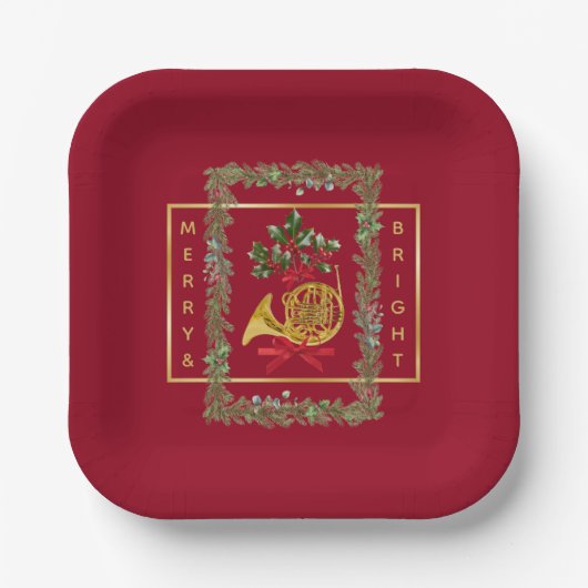 Elegant French Horn Christmas Maroon Pappteller (Vorderseite)