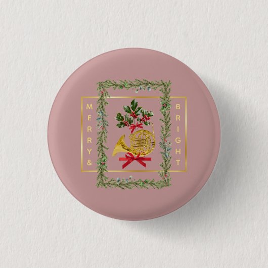 Elegant French Horn Christmas Mauve Button (Vorderseite)