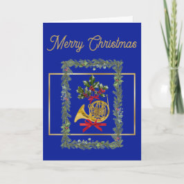 Elegant French Horn Christmas Royal Blue Feiertagskarte