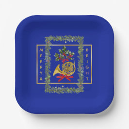 Elegant French Horn Christmas Royal Blue Pappteller