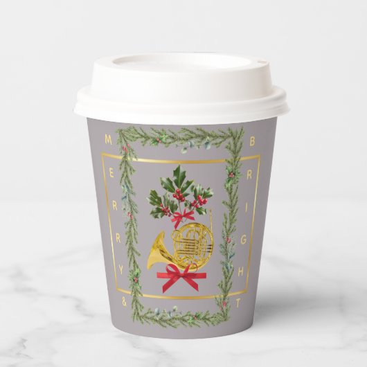 Elegant French Horn Christmas Taupe Paper Cup Pappbecher (Vorderseite)