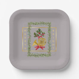 Elegant French Horn Christmas Taupe Paper Plate Pappteller