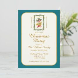 Elegant French Horn Christmas Teal Einladung