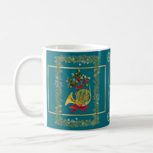 Elegant French Horn Christmas Teal Kaffeetasse (Links)