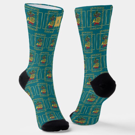 Elegant French Horn Christmas Teal Monogram Socken (Gewinkelt)