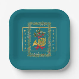 Elegant French Horn Christmas Teal Pappteller