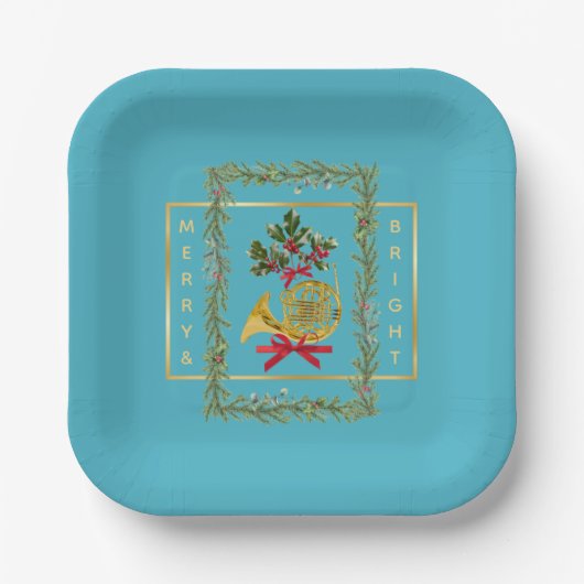 Elegant French Horn Christmas Turquoise Pappteller (Vorderseite)