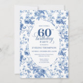 Elegant French Toile Blue Roses 60th Birthday   Einladung (Vorderseite)
