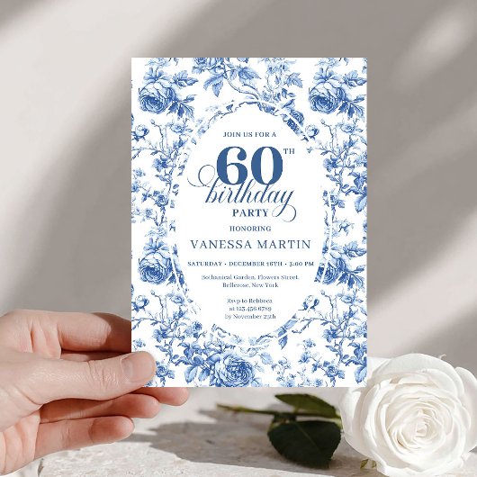 Elegant French Toile Blue Roses 60th Birthday   Einladung