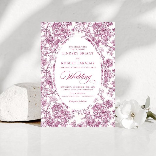 Elegant French Toile Rose Pattern Wedding Invite Einladung