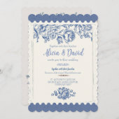 Elegant French Vintage Blue Floral Wedding Einladung (Vorne/Hinten)