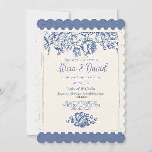 Elegant French Vintage Blue Floral Wedding Einladung (Vorderseite)