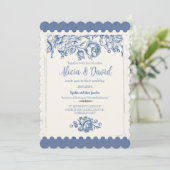 Elegant French Vintage Blue Floral Wedding Einladung (Stehend Vorderseite)