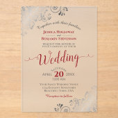 Elegant Frilly Silver mit Red Calligraphy Wedding Acryleinladungen (Vorderseite)