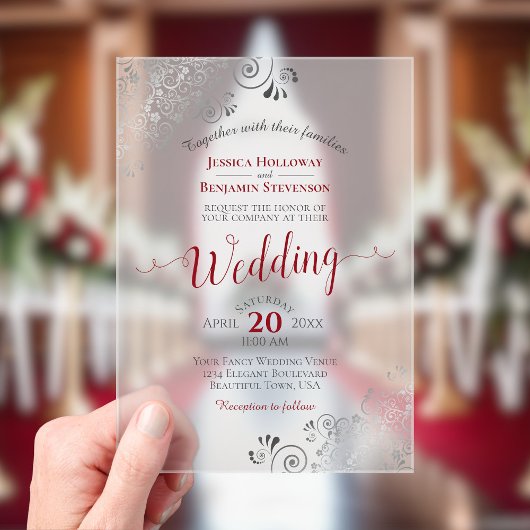 Elegant Frilly Silver mit Red Calligraphy Wedding Acryleinladungen