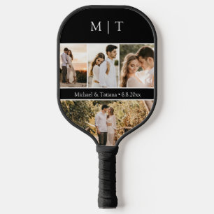 elegant Frischvermählte 4 Fotos Monogramm schwarz Pickleball Schläger