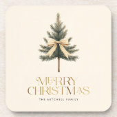 Elegant Frohe Christmas Pine Tree Bow Familie Getränkeuntersetzer (Vorderseite)