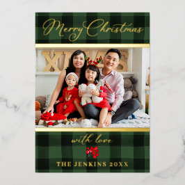 Elegant Frohe Weihnachten Grün und Rotes Foto Gold Folien Feiertagskarte