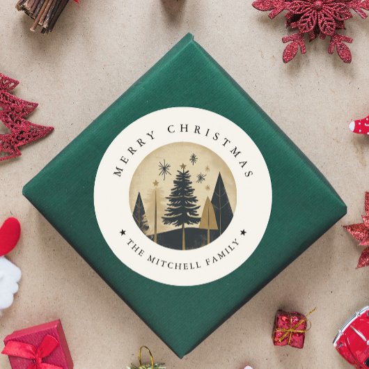 Elegant Frohe Weihnachten Warme Gold Pine Forest Runder Aufkleber