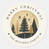 Elegant Frohe Weihnachten Warme Gold Pine Forest Runder Aufkleber (Vorderseite)