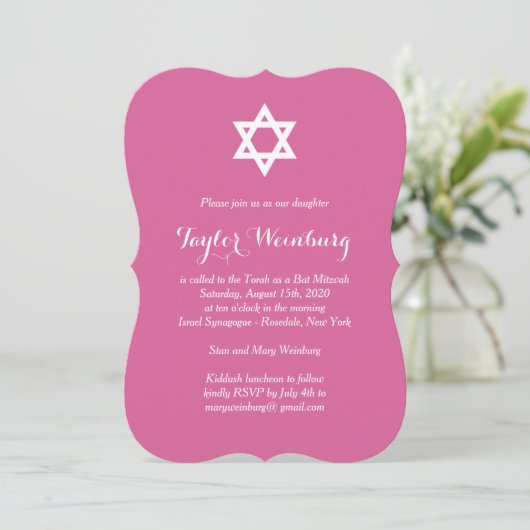 Elegant Fuchsia Bat Mitzvah Einladung (Stehend Vorderseite)