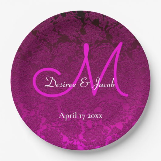 Elegant Fuchsia Hot Pink White Wedding Monogram Pappteller (Vorderseite)