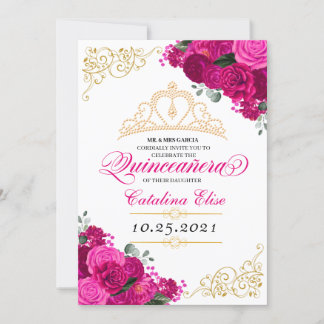 Elegant Fuchsia Pink Floral Quinceanera Geburtstag Einladung