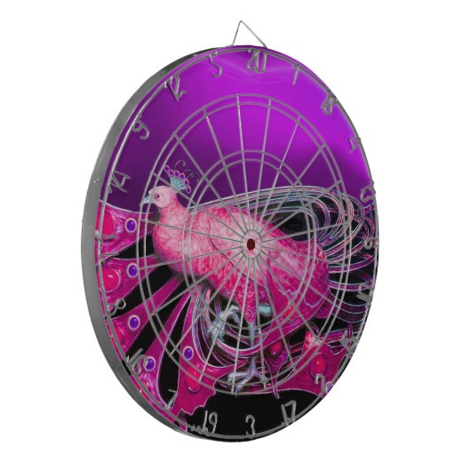 ELEGANT FUCHSIA PINK PEACOCK IN LILA DARTSCHEIBE (Vorderseite Links)