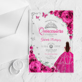 Elegant Fuchsia Pink Roses Silver Quinceanera  Acryleinladungen