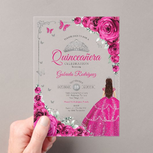 Elegant Fuchsia Pink Roses Silver Quinceanera  Acryleinladungen (Insitu (Handheld))