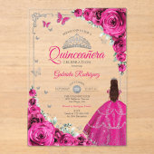 Elegant Fuchsia Pink Roses Silver Quinceanera Acryleinladungen (Vorderseite)