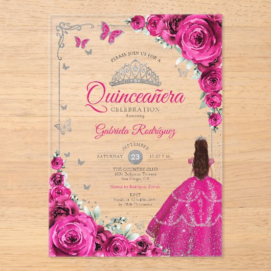 Elegant Fuchsia Pink Roses Silver Quinceanera  Acryleinladungen (Vorderseite)