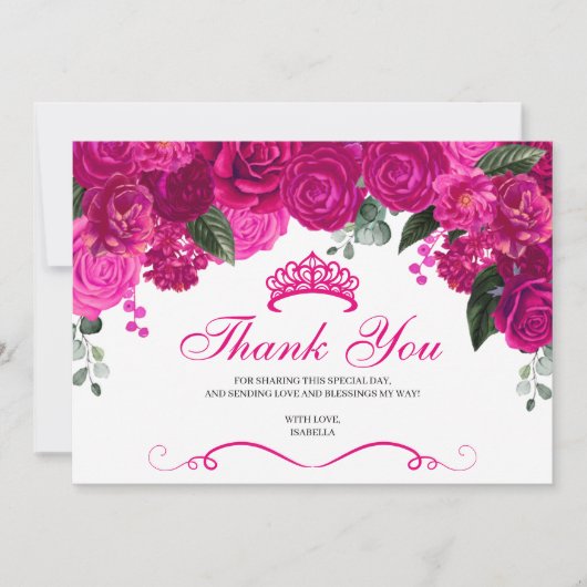 Elegant Fuchsia Pink Silver Floral Quinceanera Dankeskarte (Vorderseite)