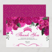 Elegant Fuchsia Pink Silver Floral Quinceanera Dankeskarte (Vorne/Hinten)