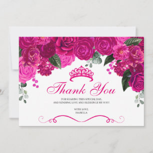 Elegant Fuchsia Pink Silver Floral Quinceanera Dankeskarte