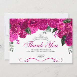 Elegant Fuchsia Pink Silver Floral Quinceanera Dankeskarte