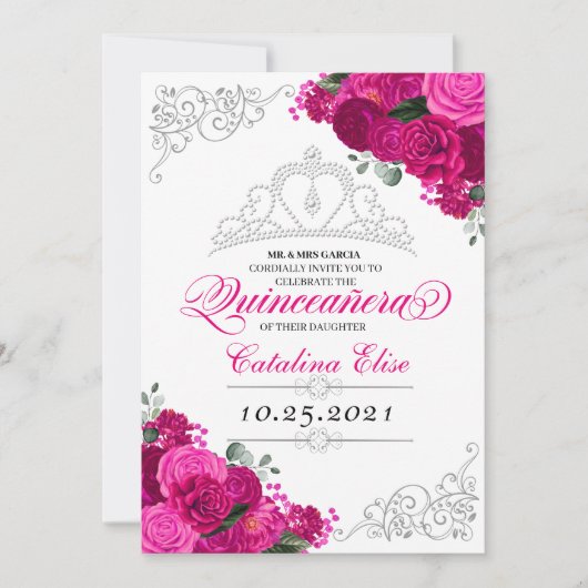 Elegant Fuchsia Pink Silver Floral Quinceanera Einladung (Vorderseite)