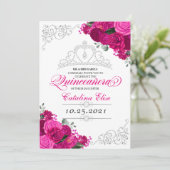 Elegant Fuchsia Pink Silver Floral Quinceanera Einladung (Stehend Vorderseite)