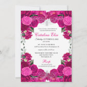 Elegant Fuchsia Pink Silver Floral Quinceanera Einladung (Rückseite)