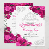 Elegant Fuchsia Pink Silver Floral Quinceanera Einladung (Vorne/Hinten)
